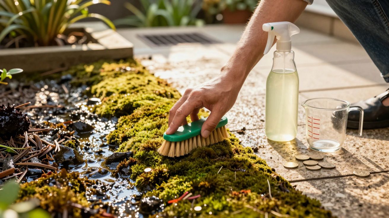 Pessoa limpando musgo com escova em piso externo próximo a plantas, borrifador e moedas.