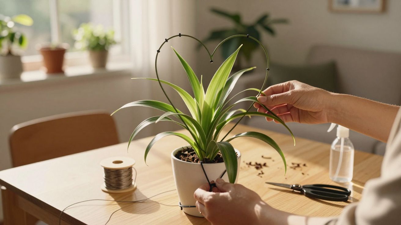 Pessoa moldando arame em formato de coração ao redor de planta verde em vaso branco sobre mesa de madeira.