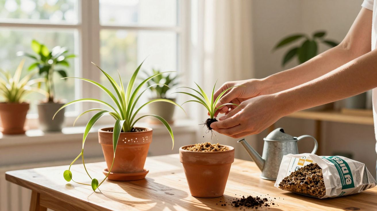Pessoa plantando muda em vaso com terra sobre mesa de madeira perto de janela iluminada.