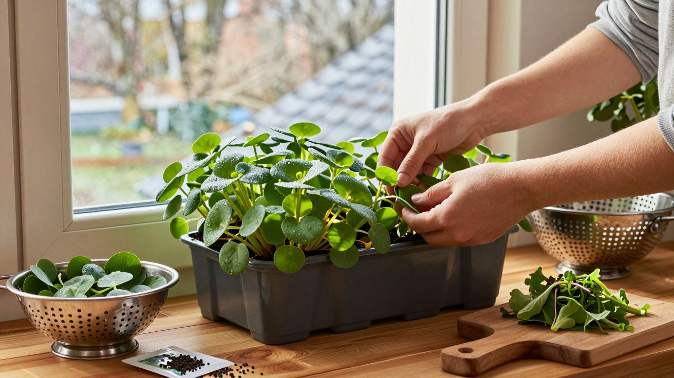 Pessoa colhendo folhas verdes frescas de planta em vaso próximo à janela, com utensílios de cozinha ao redor.