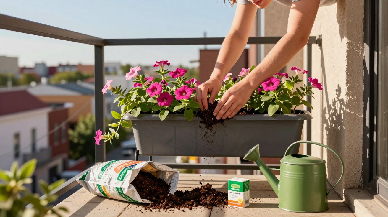 Pessoa cuidando de flores cor-de-rosa em vaso na varanda com regador e terra espalhada na mesa.