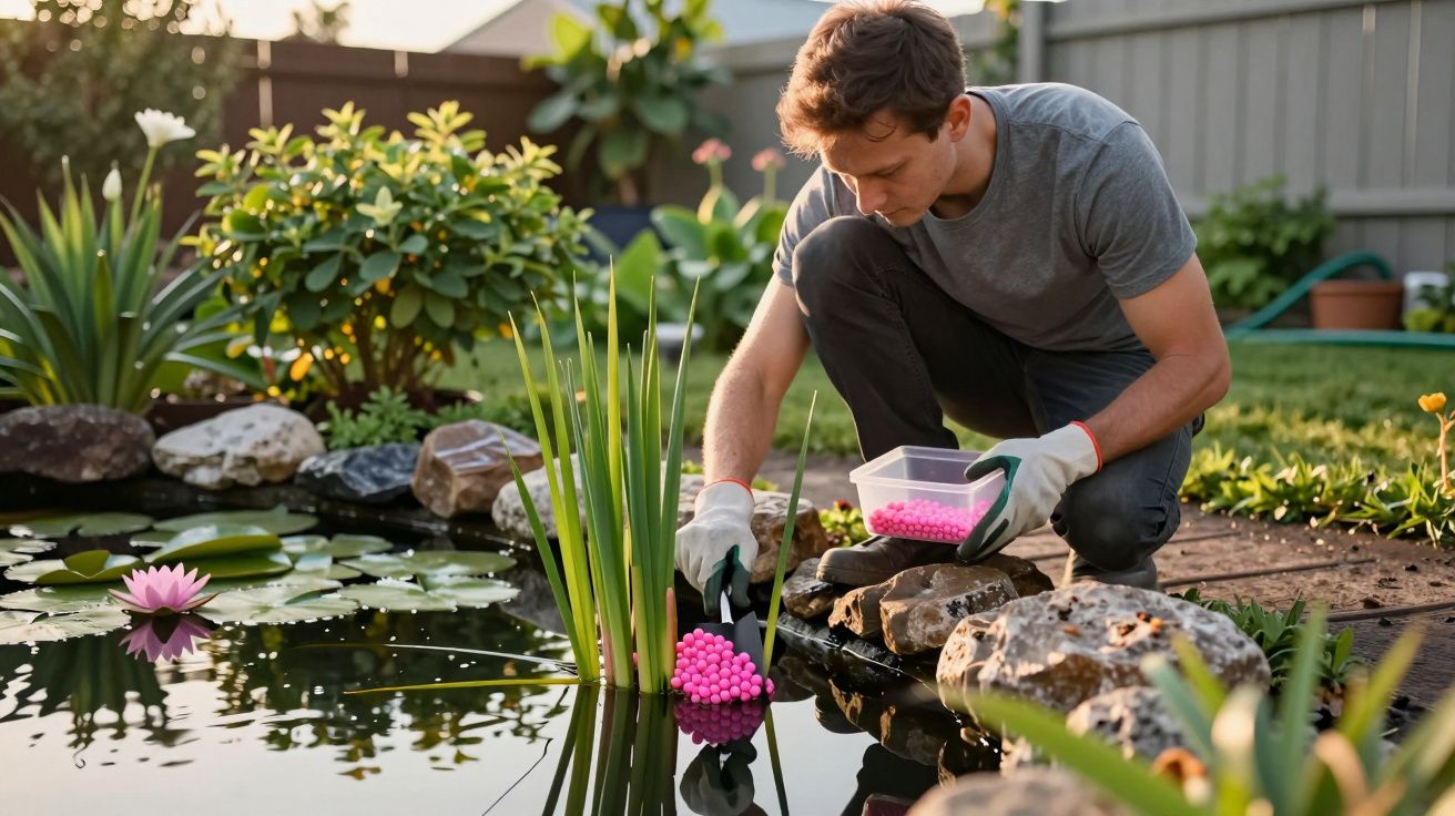 Homem cuidando de lago com plantas aquáticas, colocando bolas coloridas na água.