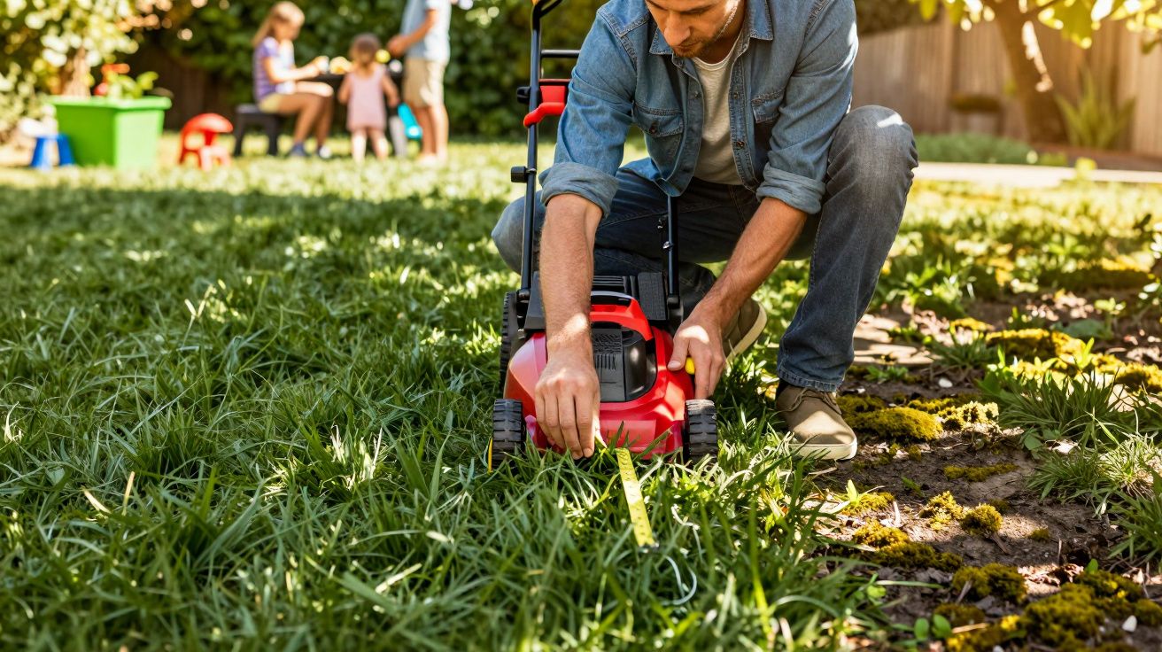 Homem ajusta altura de cortador de grama enquanto família ao fundo aproveita jardim ensolarado.