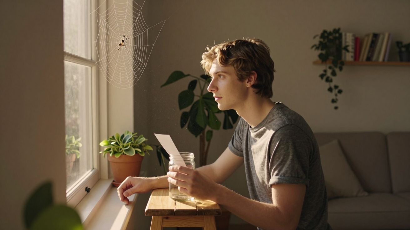 Jovem sentado ao lado da janela, segurando vidro com inseto, observa teia de aranha suspensa perto da luz natural.
