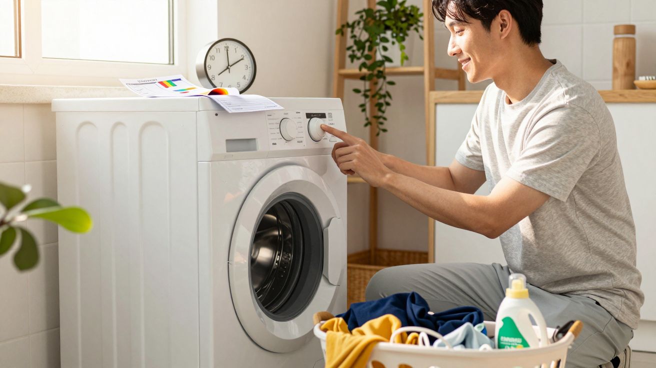 Homem ajustando a máquina de lavar roupa branca em lavanderia doméstica, ao lado de cesta com roupas e amaciante.