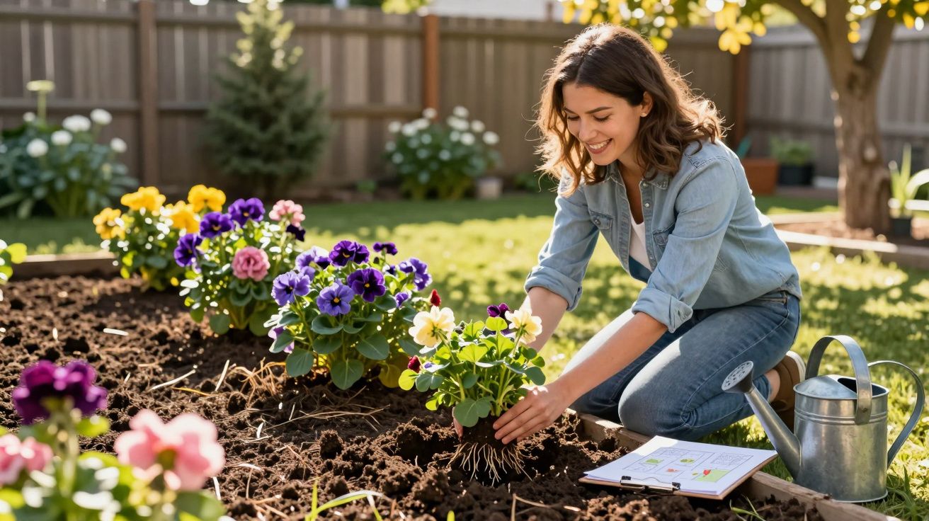 Mulher sorridente plantando flores coloridas em jardim ensolarado, com regador e caderno ao lado.