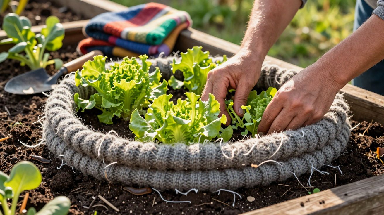 Mãos cuidando de plantas de alface em um canteiro com proteção de tecido, ao ar livre.