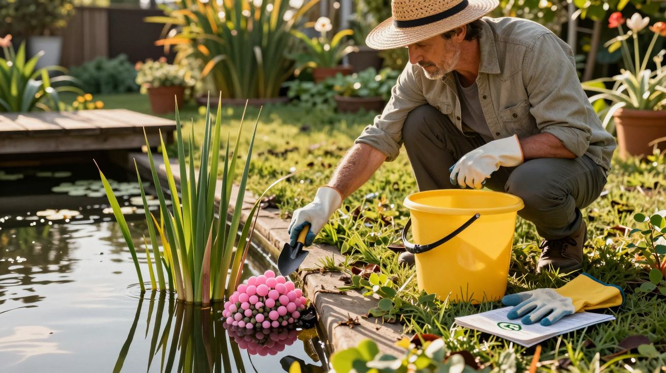 Homem com chapéu cuidando de plantas aquáticas perto de lagoa em jardim ensolarado.