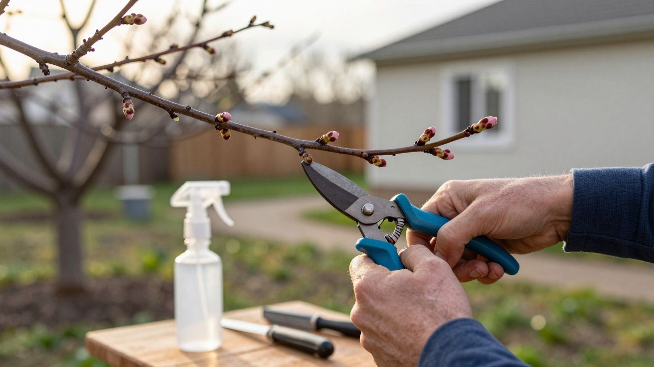 Pessoa podando galho com brotação usando tesoura de poda em área externa de jardim.