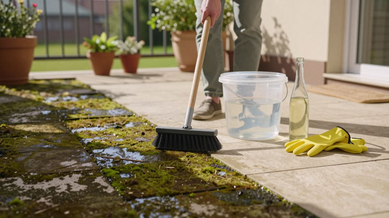 Pessoa limpando musgo do chão de pedra com vassoura, balde com água, luvas amarelas e produto de limpeza.