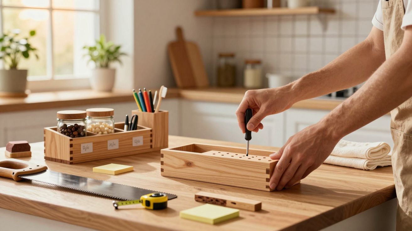 Pessoa montando caixa de madeira com ferramenta em bancada cheia de materiais de marcenaria.