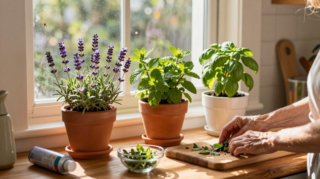 Mãos cortando ervas frescas em tábua de madeira perto de plantas em vasos em peitoril de janela iluminado.