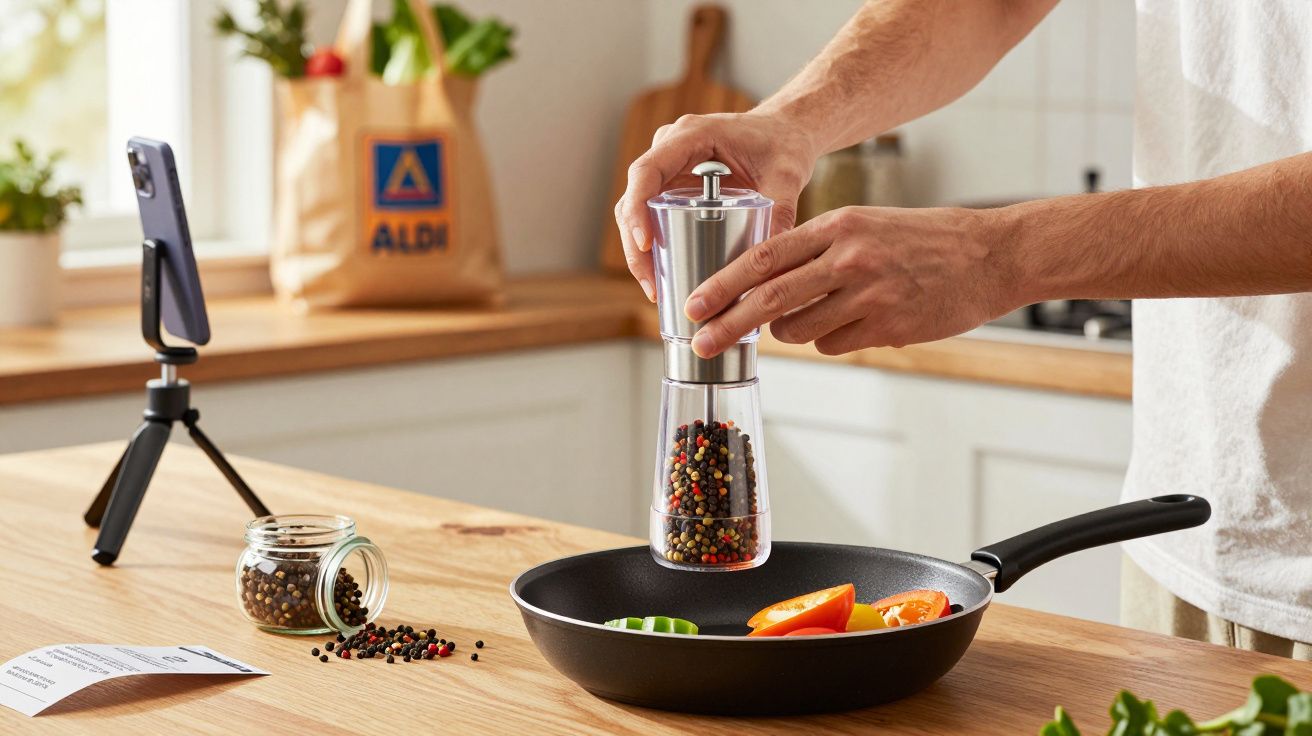 Pessoa usando moedor de pimenta para temperar legumes em frigideira na cozinha.