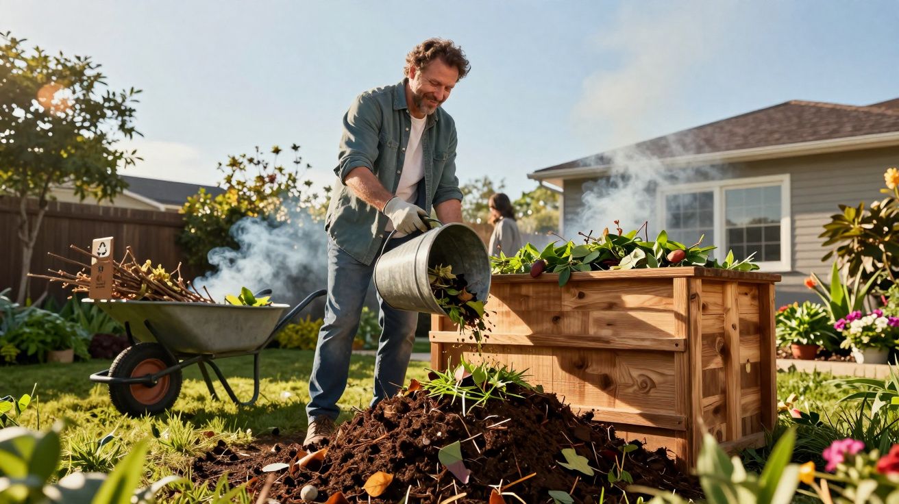 Homem despejando composto em monturo de terra no jardim ensolarado de casa com carrinho de mão ao fundo.