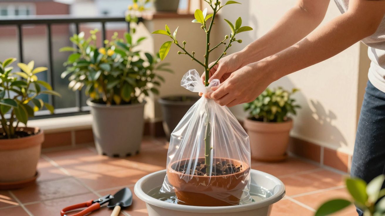 Pessoa cobrindo vaso com muda de planta com plástico transparente em varanda ensolarada.