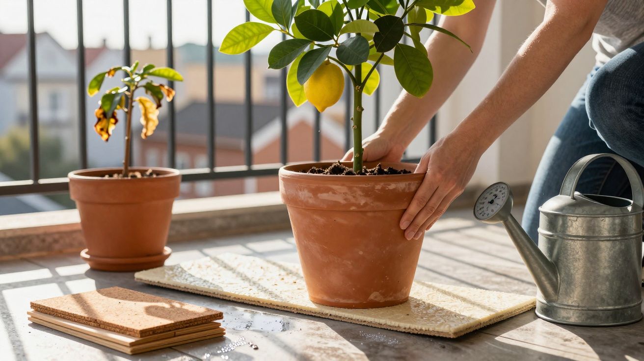 Pessoa cuidando de planta com limão em vaso de barro em varanda ensolarada, ao lado de regador e outra planta.