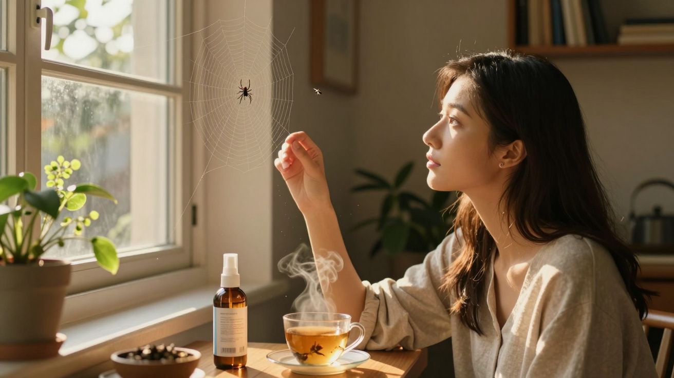 Mulher em cozinha observando aranha na teia perto da janela com xícara de chá fumegante na mesa.