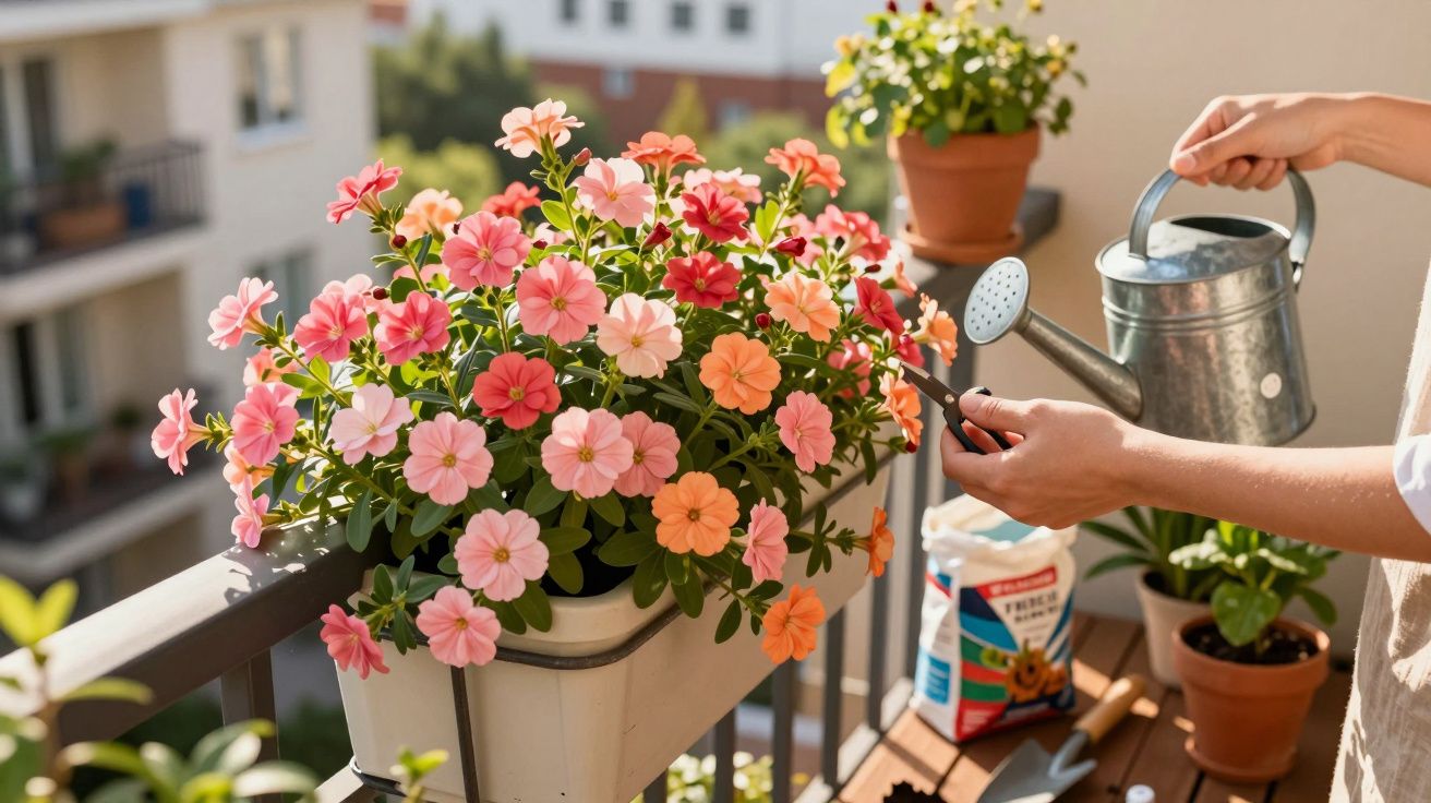 Pessoa regando flores rosa e laranja em vaso na varanda com regador metálico durante o dia ensolarado.