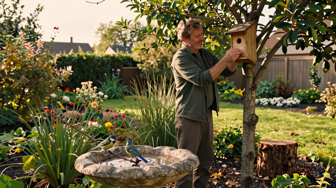 Homem instala casinha de pássaros em árvore em jardim florido com bebedouro e pássaros.