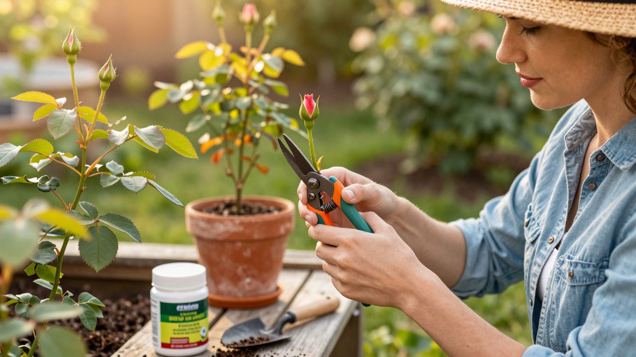 Mulher com chapéu cuidando de rosas com tesoura em jardim ensolarado, perto de vaso e adubo.