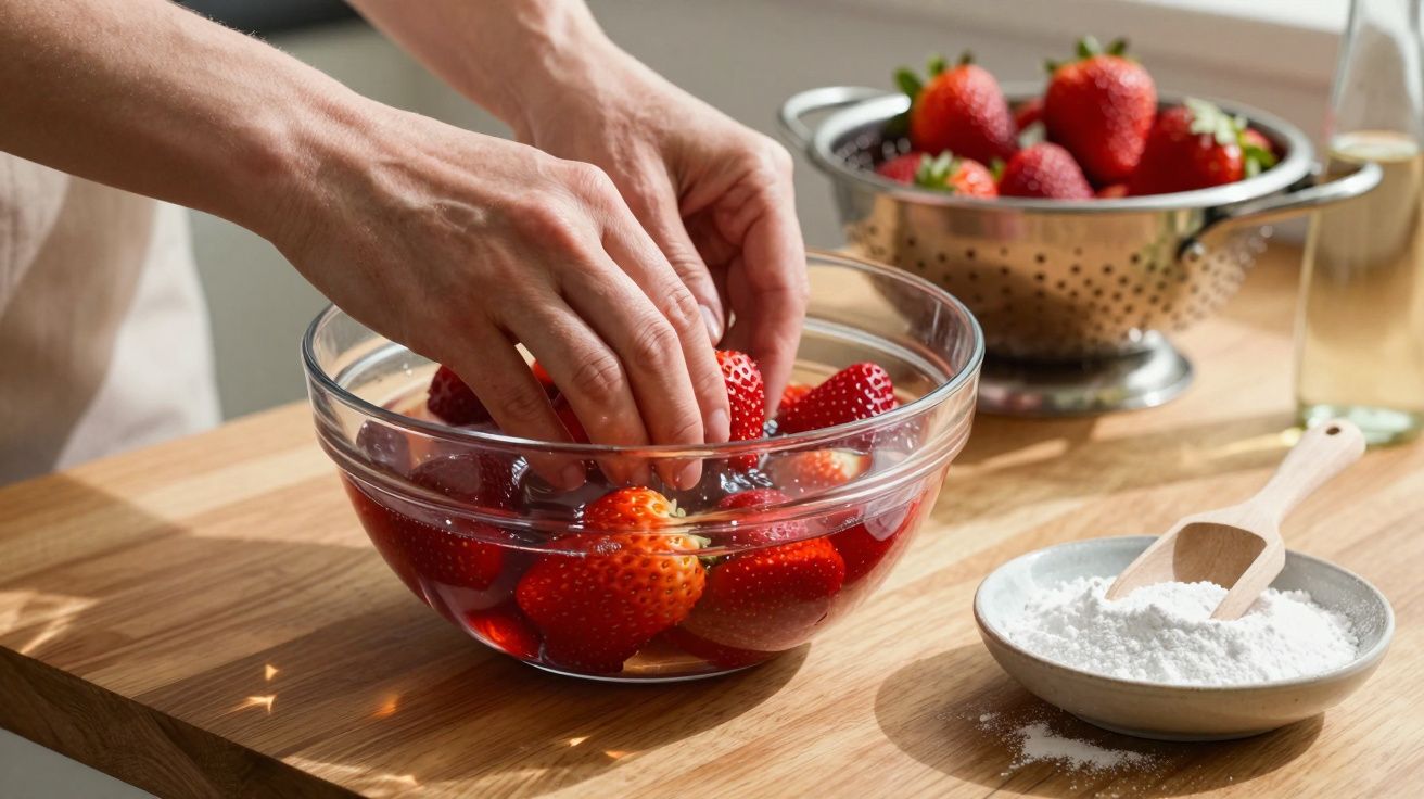Mãos lavando morangos em tigela de vidro com morangos em escorredor ao fundo e açúcar à frente.