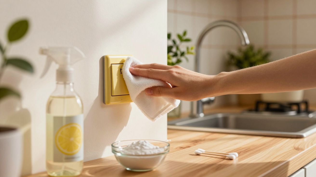 Pessoa limpando interruptor de luz amarelo na cozinha com pano branco e produtos de limpeza naturais.