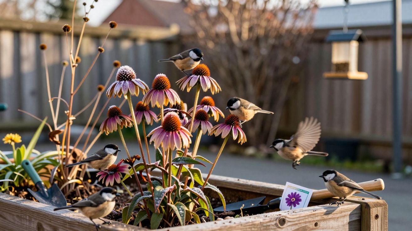 Pássaros pousados e voando em flores roxas dentro de canteiro de madeira em área externa.
