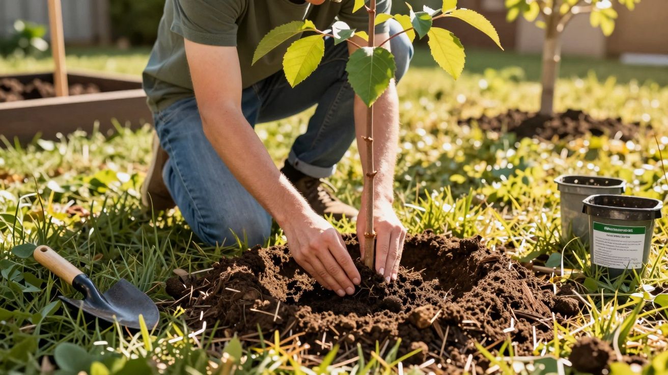 Pessoa plantando muda de árvore em solo de jardim ensolarado com ferramentas próximas.