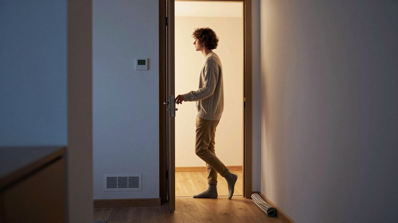 Homem com suéter aberto e meias cinzas abrindo porta em corredor iluminado de casa.