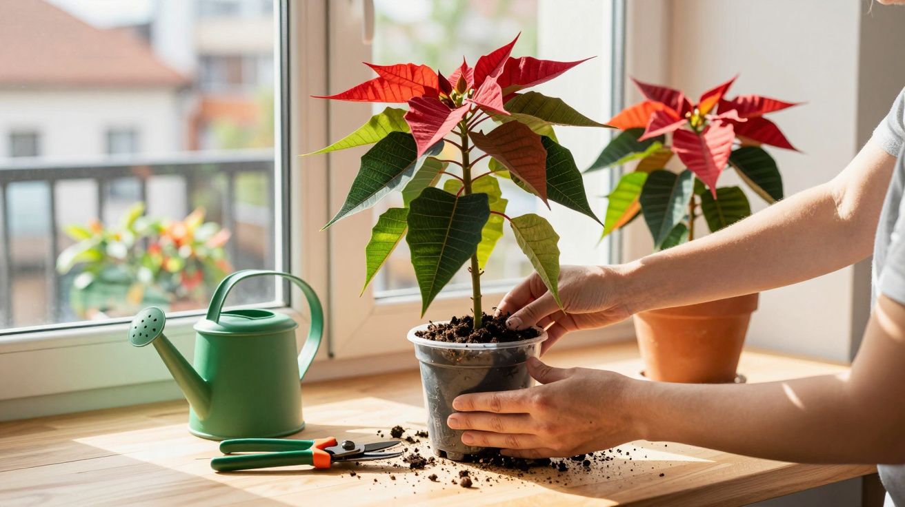Pessoas cuidando de plantas de poinsétia vermelha em vasos perto da janela com regador verde ao lado.