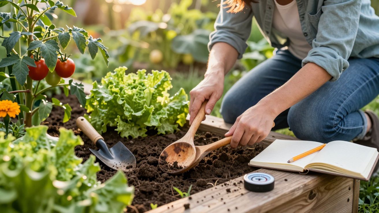 Pessoa preparando solo em horta com alface, tomate e ferramentas ao lado de caderno aberto com lápis.