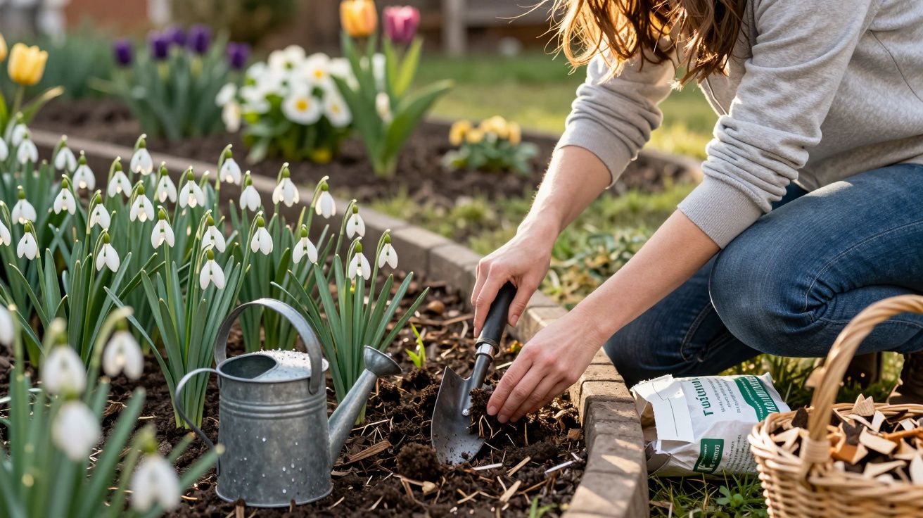 Pessoa plantando flores brancas em canteiro com regador e cesta ao lado em jardim ensolarado.