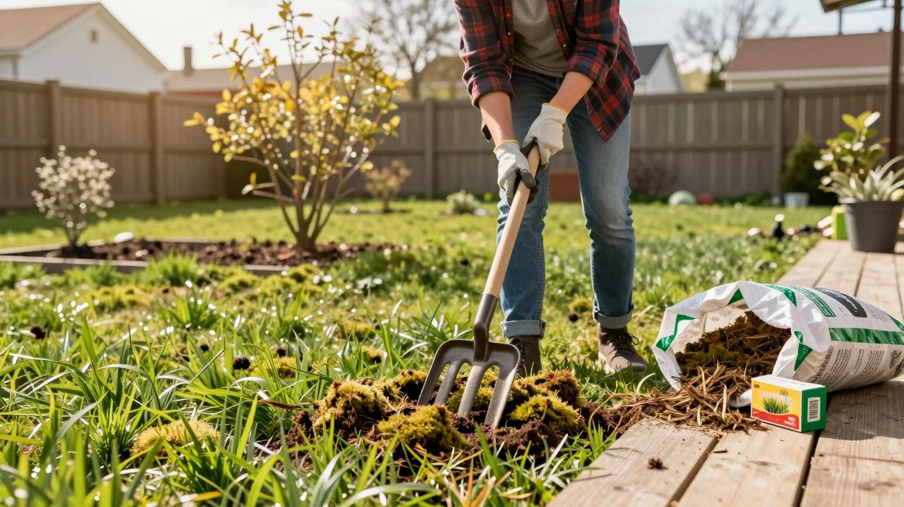 Pessoa usando luvas mexendo no jardim com um garfo de jardinagem em área gramada durante o dia.