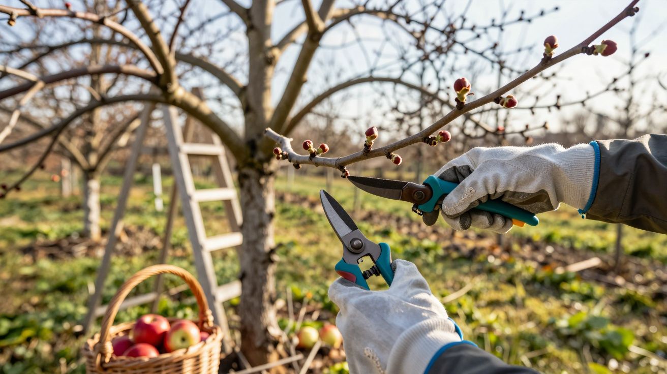 Pessoa podando ramo de árvore frutífera com tesoura de poda, cesta com maçãs ao fundo em pomar.