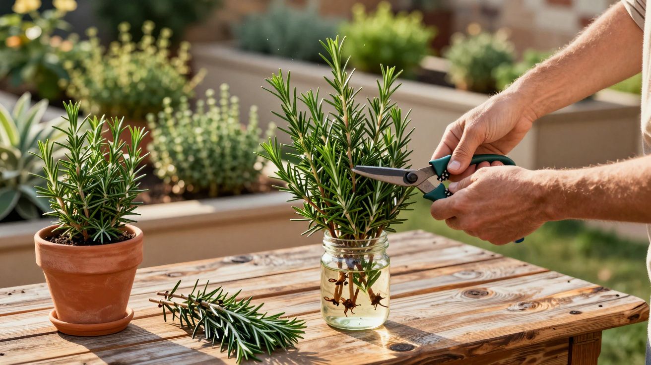 Pessoa podando ramo de alecrim colocado em pote de vidro sobre mesa de madeira em jardim.