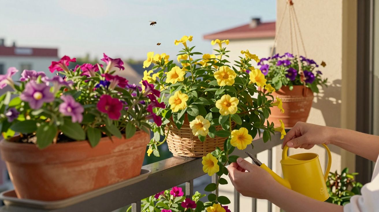 Pessoa regando flores amarelas em vasos em sacada ensolarada com abelhas voando ao redor.