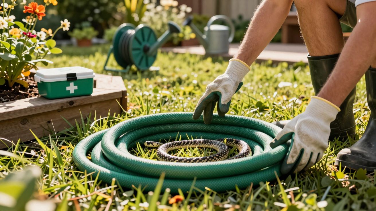Pessoa com luvas segurando uma mangueira de jardim onde uma cobra está enrolada no gramado.