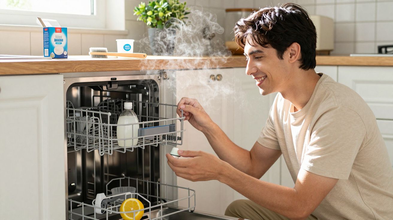 Homem sorridente fechando lava-louças após limpar utensílios na cozinha iluminada.