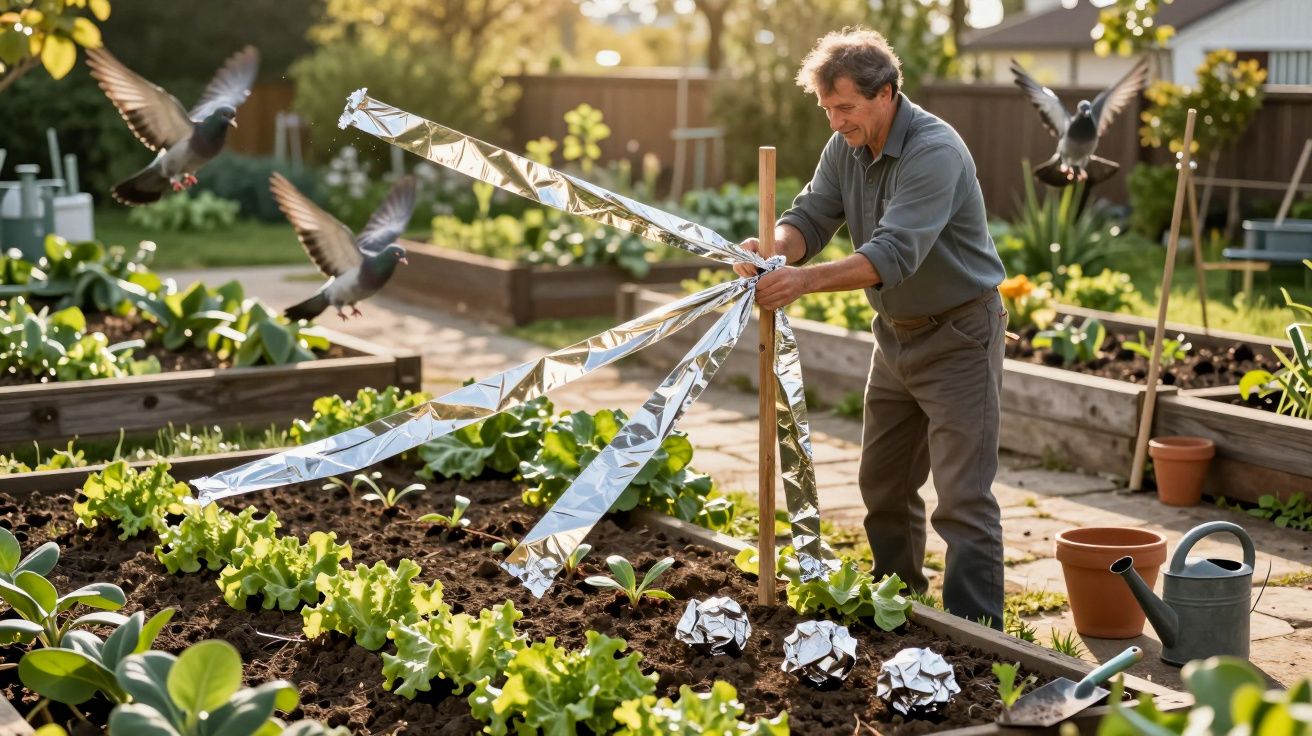Homem em hortaliça ajeitando espantalho refletivo para afugentar pássaros voando no jardim ensolarado.