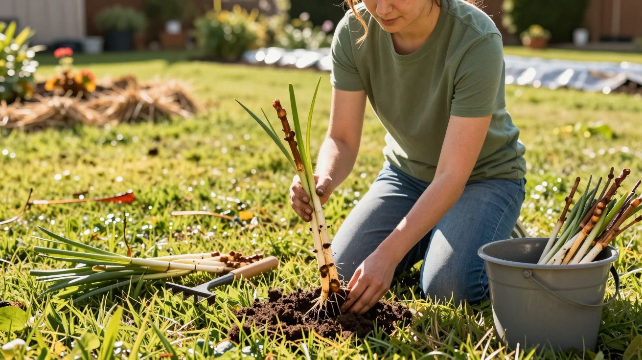 Pessoa plantando mudas em jardim com regador, enxada e balde ao redor na grama ensolarada.