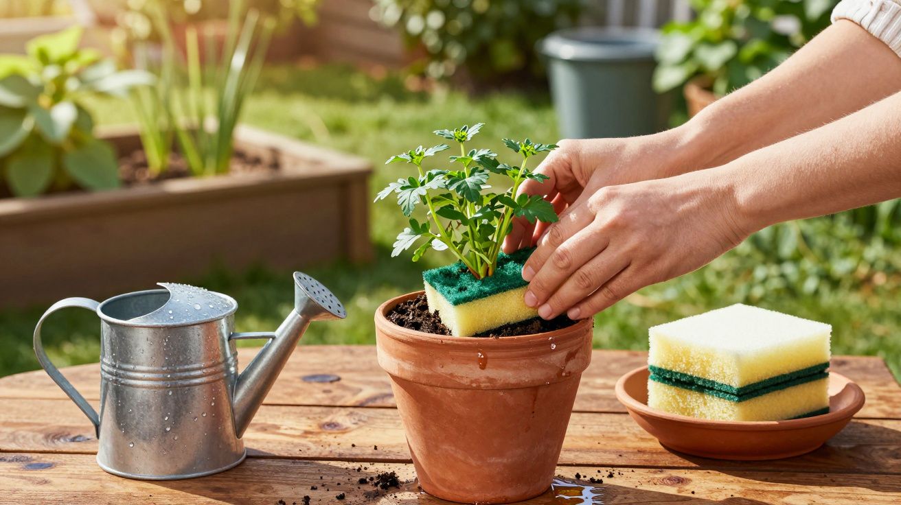 Pessoa utilizando esponja para cuidar de planta em vaso de barro em mesa de madeira no jardim.