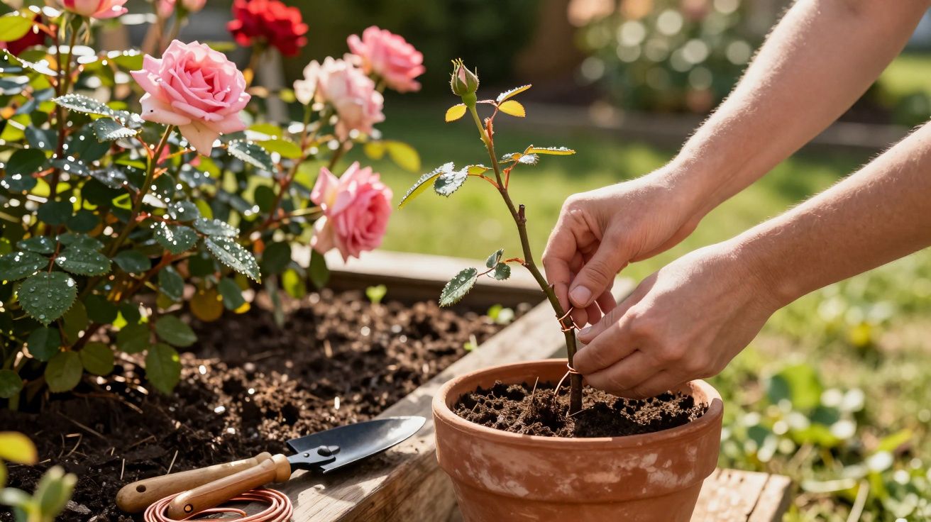 Mãos cuidando de muda de rosa em vaso de barro ao lado de rosas floridas em canteiro no jardim.