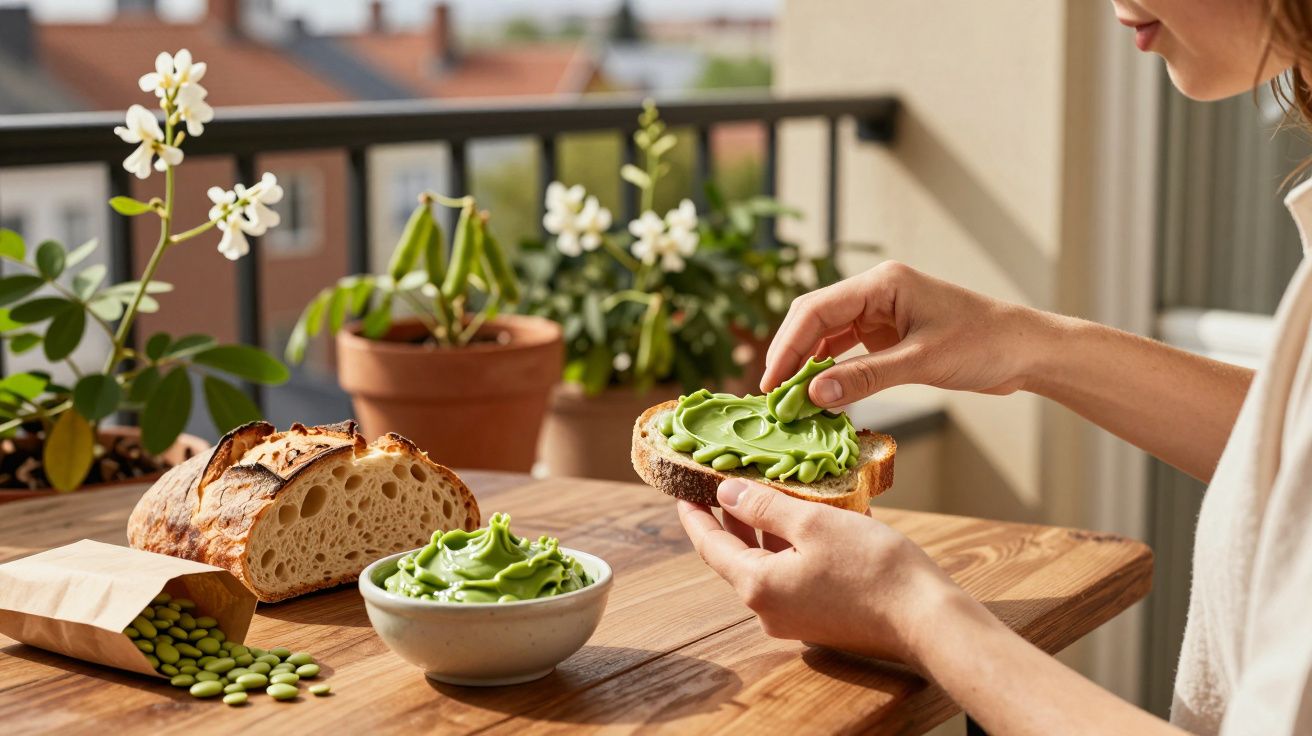 Pessoa passando pasta verde em fatia de pão com plantas e pão ao fundo em mesa de madeira.