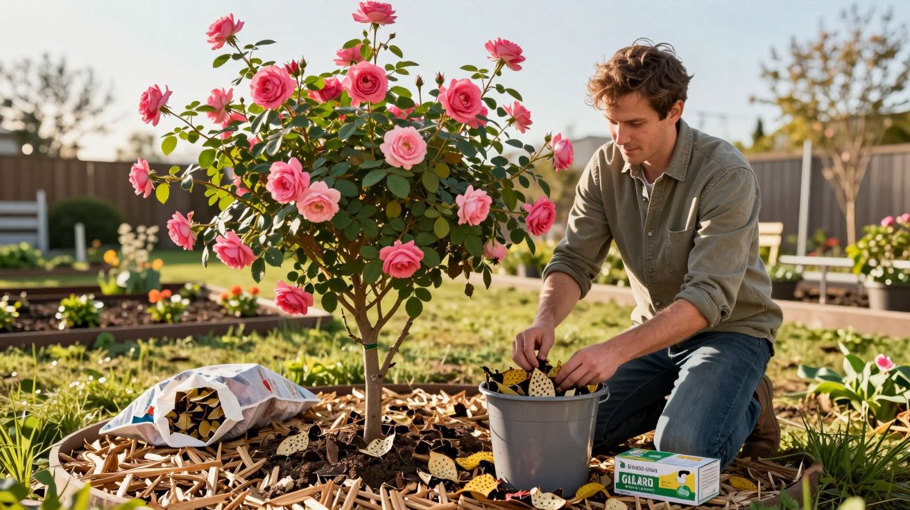 Homem cuidando de roseira florida em jardim, colocando protetores amarelos nas folhas.