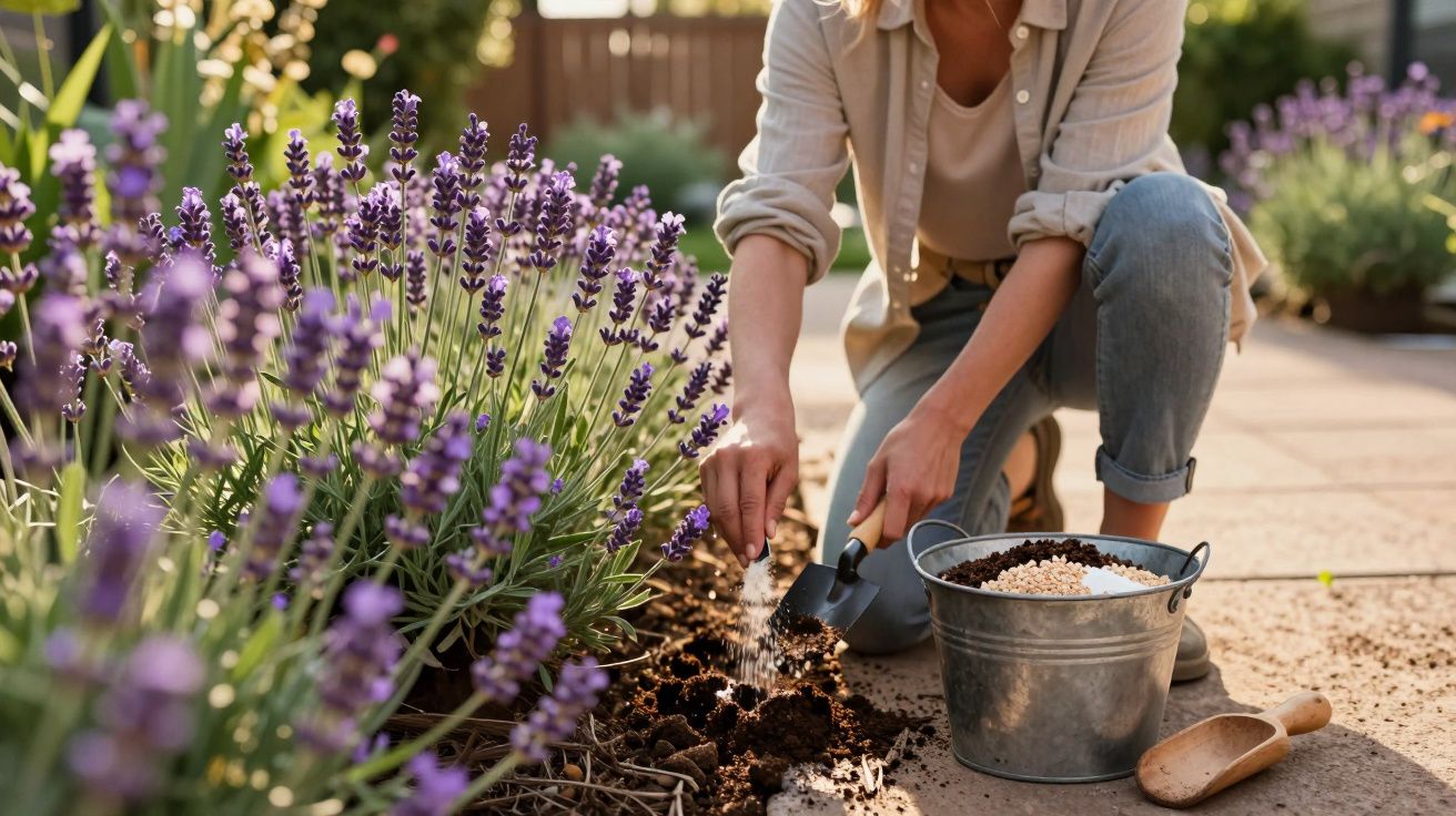 Pessoa regando plantas de lavanda em jardim ensolarado com regador e balde de sementes ao lado.