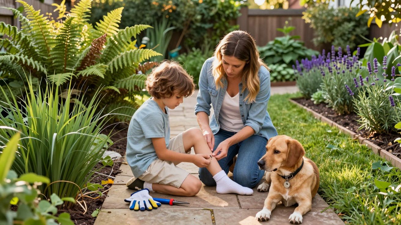 Mulher cuidando do joelho de uma criança sentada no jardim ao lado de um cachorro deitado.