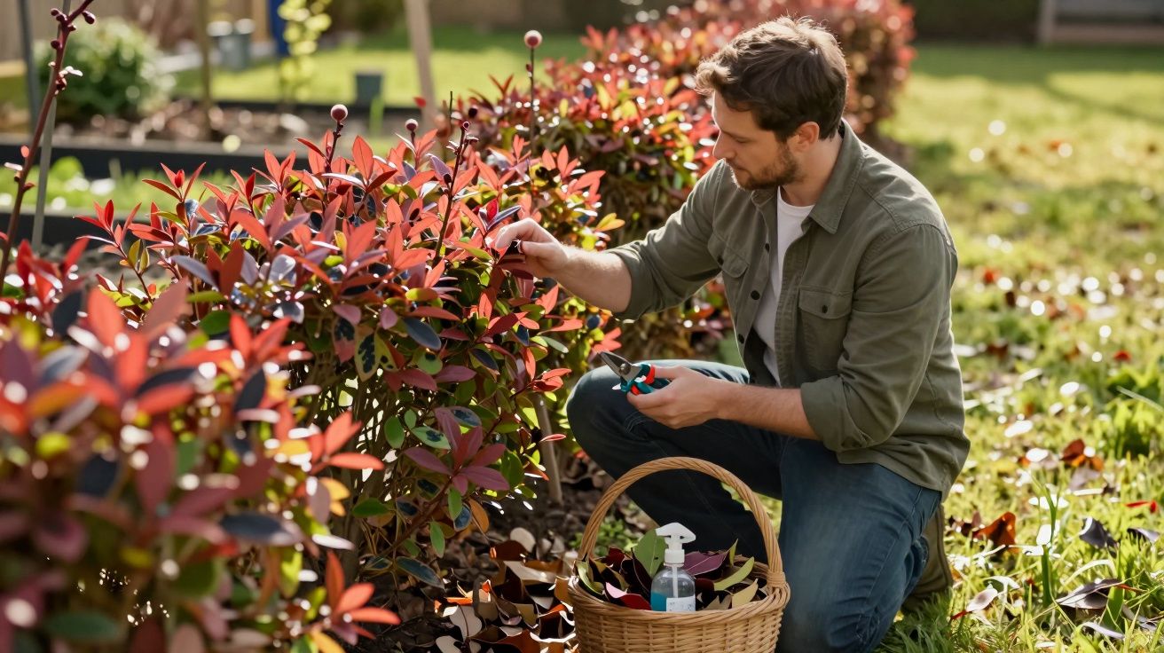 Homem cuidando de plantas com tesoura de poda em jardim ensolarado, ao lado de cesta com ferramentas.
