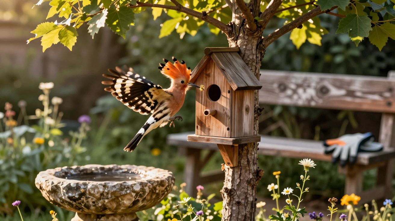 Pássaro colorido voando em direção a um nicho de madeira em árvore, com jardim e banco ao fundo.