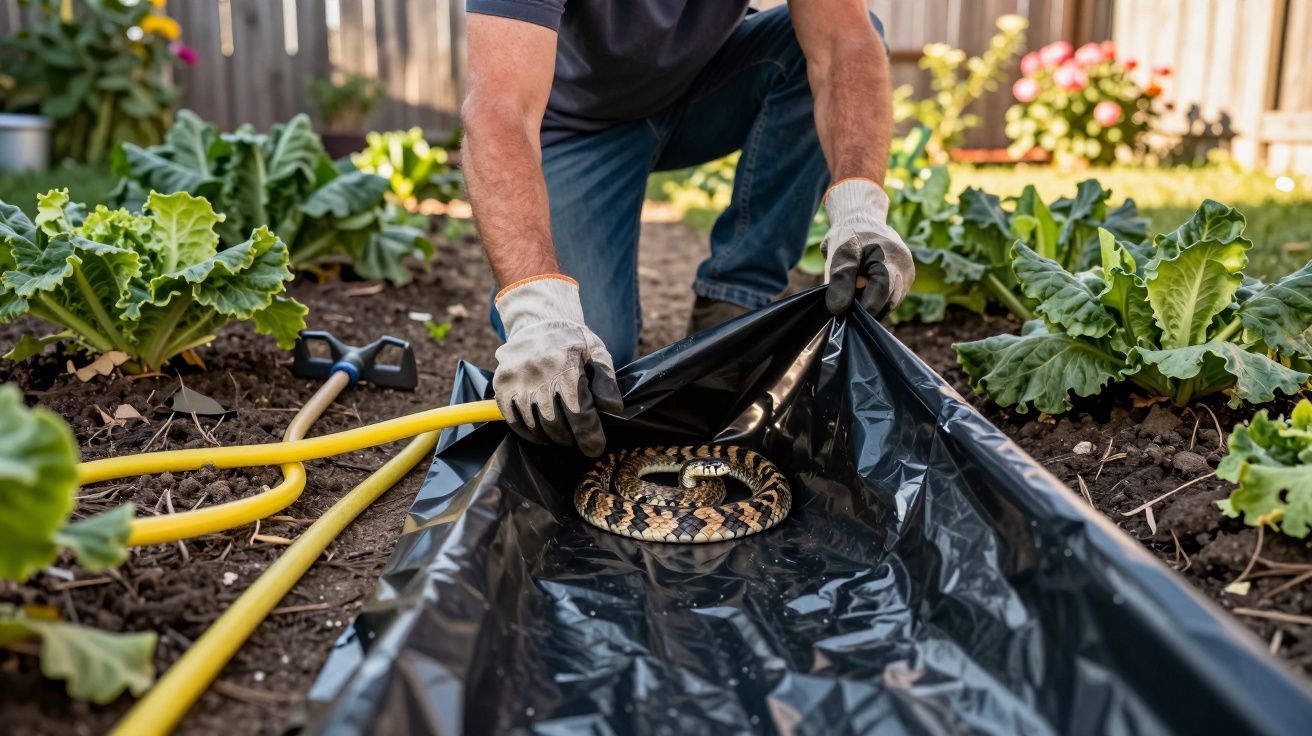 Pessoa usando luvas removendo uma cobra enrolada em lona preta em um jardim com plantas verdes.