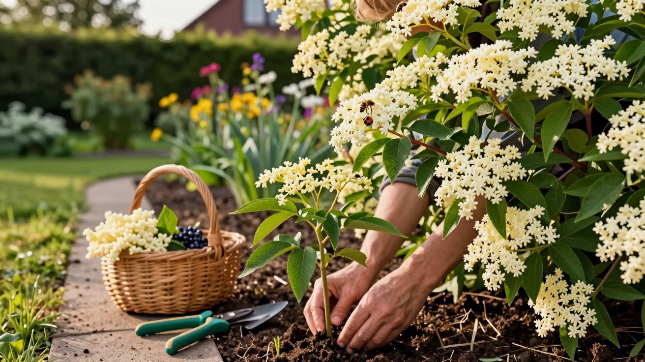 Pessoa plantando muda de arbusto com flores brancas em jardim, ao lado cestinha com flores e ferramentas.